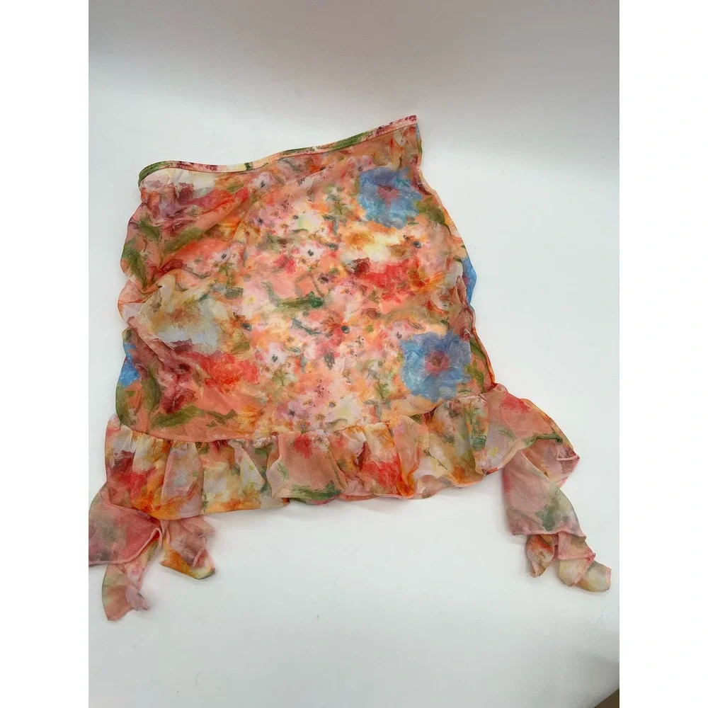 New 4 Piece Bikini Top Skirt Cover Up Tropical Pink Orange Yellow Cruise‎ Sz S